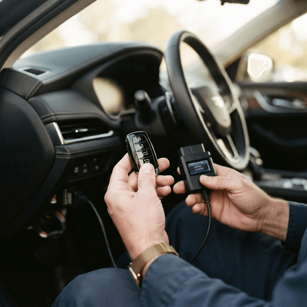 Automotive locksmith programming a car key fob in Lawrenceville, Georgia Automotive locksmith programming a car key fob in Lawrenceville, Georgia