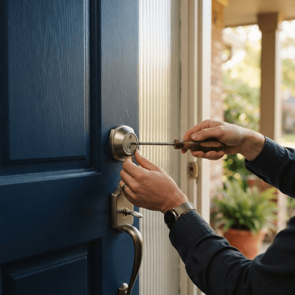 Residential locksmith installing a deadbolt on a home front door in Lawrenceville, Georgia Residential locksmith installing a deadbolt on a home front door in Lawrenceville, Georgia